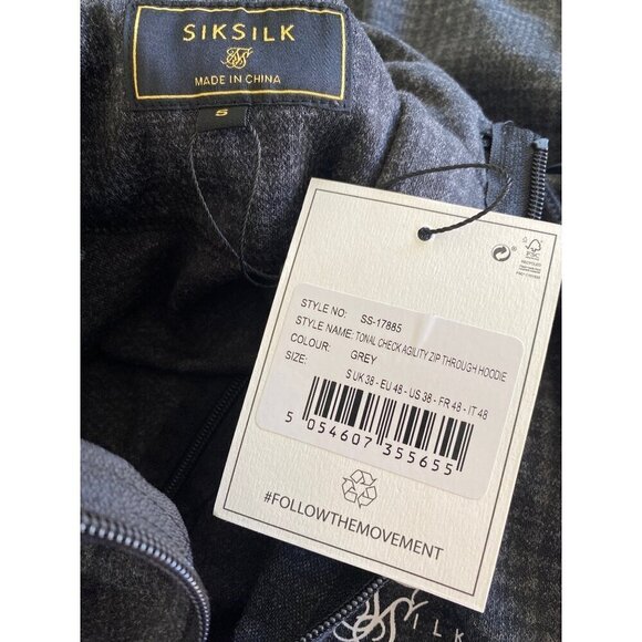 SikSilk NWT Tonal Check Agility Zip Through Drawstring Hoodie, Grey Men’s Size S - Picture 4 of 7